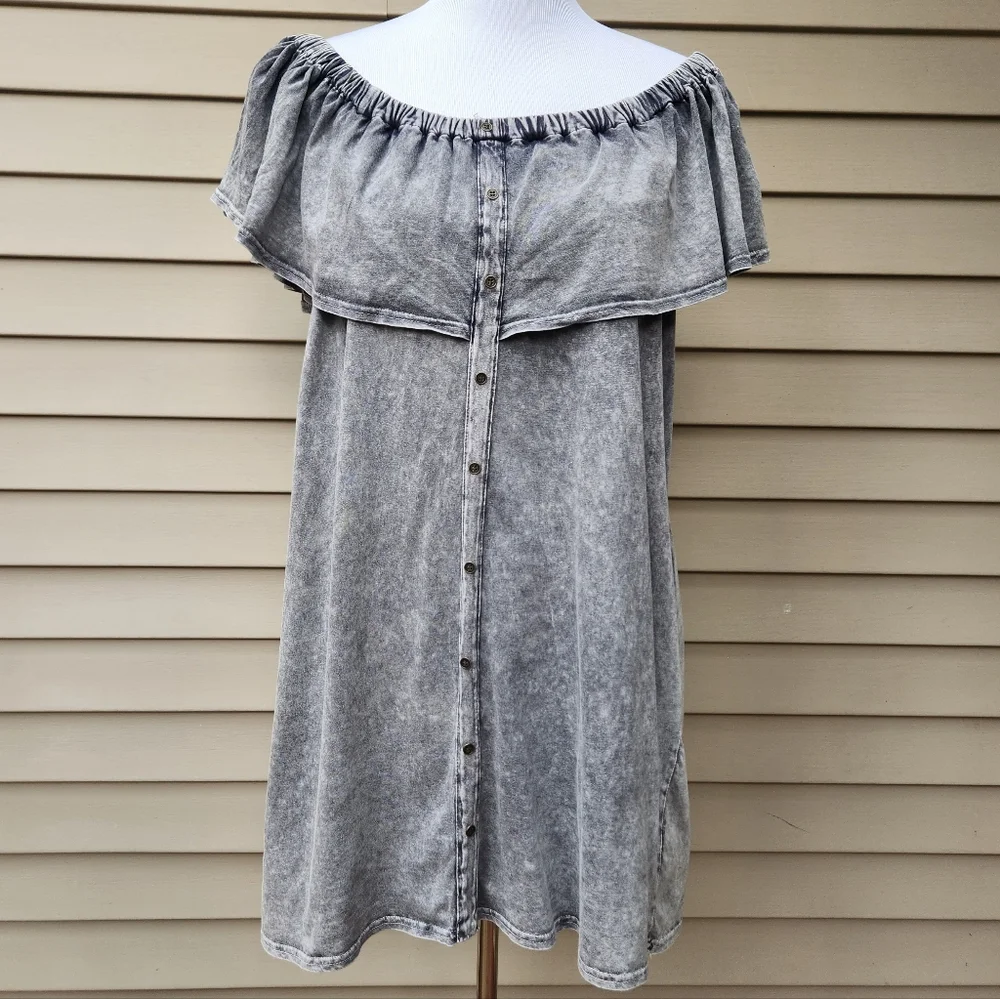 bluheaven Gray Acid Wash Knit Dress Off-Shoulder Faux Button-Up Ruffle Pockets